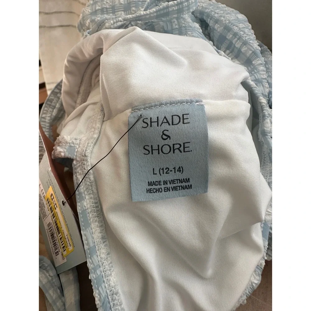 Shade & Shore Womens Gingham One Piece Swimsuit Blue White Ruched L 12-14 NWT
